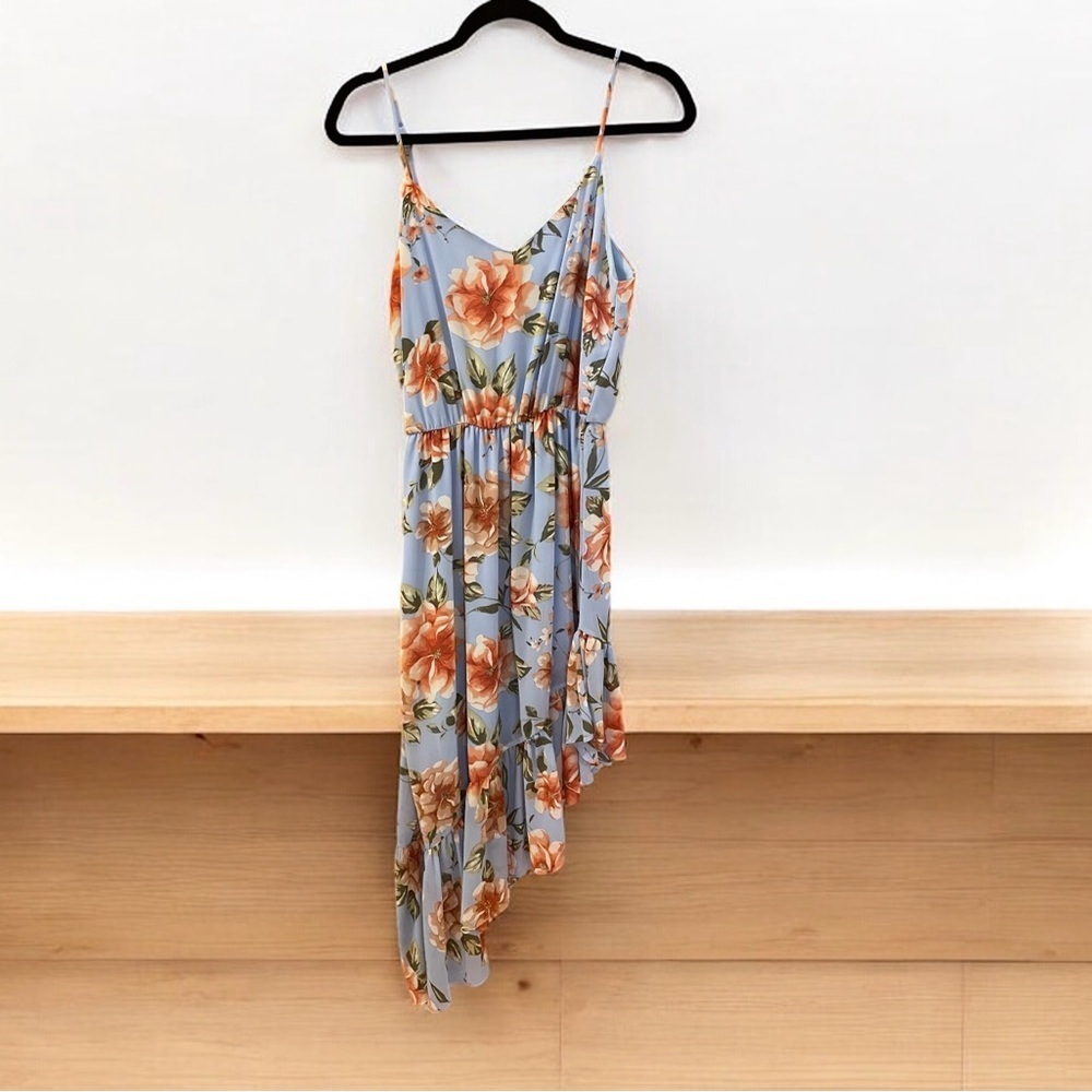 Everly Floral Dress, Asymmetrical, Spaghetti Straps, Ruffles with Blue &…